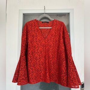 Zara Elegant Orange/Red Lace Bell Sleeve Top